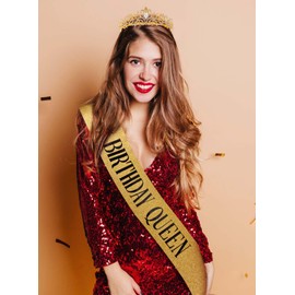 ZeroStage Birthday Sash and Tiara for Women Queen Crystal Crown Rhinestone Princess Hair Headband Set Happy Party Decorations Accessories Girls Gifts Outfit Kits Gold