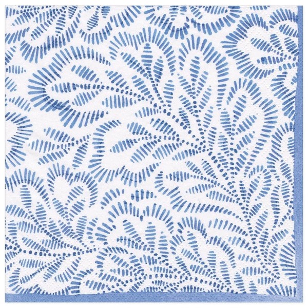 Caspari Block Print Leaves Paper Dinner Napkins in Blue, Four Packs of 20
