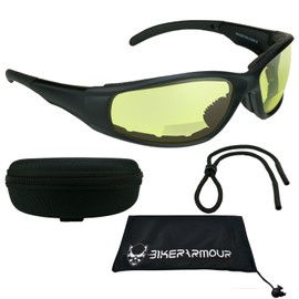 Bikershades Motorcycle Bifocal Sunglasses Foam Padded +3.00 w/ANSI Z87.1 Safety Yellow Polycarbonate Lens. Free Hard Case and Sunglass String.