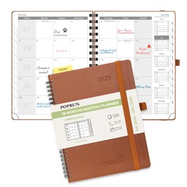 POPRUN Monthly Planner 2025-2026 Medium Size (6.5'' x 8.5'') 18 Months Calendar (Jan 2025 - Jun 2026) - 4 Pages per Month with Monthly Expense & Notes, Vegan Leather Cover - Brown