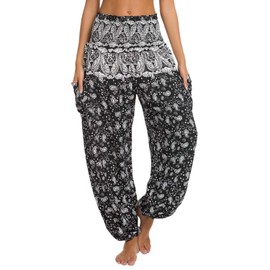 Urban CoCo Women's Boho Floral Yoga Pants with Pockets Elastic Waist Flowy Palazzo Harem Pants for Beach Casual (S, # 3)