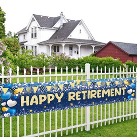 Happy Retirement Banner Backdrop Party Decoration Blue Gold Glitter Garland Sign Background Family Photo for Men Women Retirement Party Yard Supplies Sign