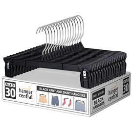 Hanger Central 30 Pack Pants Hangers – 10 Inch Slim Plastic Clothes Hangers with Clips for Skirts, Pants, Shorts – Heavy Duty Space Saving Non Slip Closet Organizer with Swivel Hook – Black