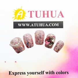 Handmade Press On Nails Medium Length Square, Hand Painted Reusable Gel UV Finished Pre Shaped False Nails for Women Heart Shaped Acrylic Diamond 10 Pcs/Set (Pinkpearl, Size M)