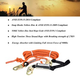 WELKFORDER 25FT Vertical Lifeline Assemble Three Strand Rope Fall Protection with Rope Grab Snap Hooks Shock Absorber Fall Protection Safety Equipment ANSI Compliant