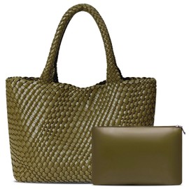 DSGUTWO Large Woven Tote Bag for Women Vegan Leather Braided Handbag, and Purses, Top Handle Shoulder Bags (Olive Green)