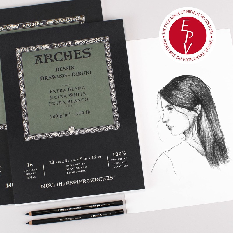 Arches Drawing Pad 9x12-inch Extra White 100% Cotton Drawing Paper