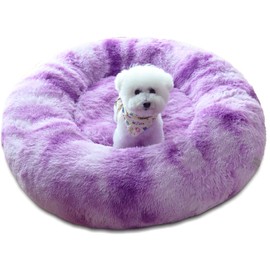 Patas Lague Calming Dog Bed for Medium Dogs, Fluffy Soft Cozy Cat Bed, Faux Fur Anti-Anxiety Plush Donut Cuddler, Washable Pet Bed for All Seasons (24 in, Gradient Purple)