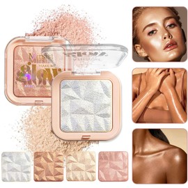 WALULAN 4 Colors Diamond Shimmering Powder, High Glossy Face Illuminator Palette, Natural Glow Finish, Pearl Shimmer Smooth Baked Powder, Lasting Highlighter Eyeshadow
