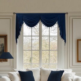 KNEOQIT Luxury Navy Blue Velvet Curtain Valance, Soft Touch Rod Pocket Valance with Bead Tassels, Waterfall Valance for Bedroom, 59 Inch,1 Panel