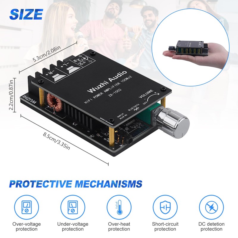 HiFi Amplifier with Bluetooth 5.0 Audio Gain Card, ZK-1002 2.0