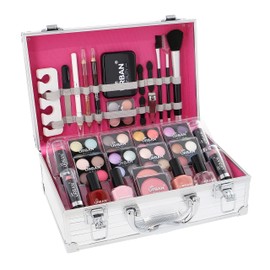LOVE URBAN BEAUTY Essentials Vegan Makeup Case - 64 Piece Vegan Makeup Set for Teens - Elegant Silver Box - Compact and Lightweight Design - Travel Friendly Women's Makeup Set