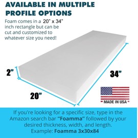 FOAMMA 2" x 20" x 34" Upholstery Foam High Density Foam (Chair Cushion Square Foam for Dinning Chairs, Wheelchair Seat Cushion Replacement)