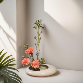 Ikebana Vase Kit - Japanese Oval Ceramic Ikebana Bowl Vase with 1.8'' Flower Frog Bowl, Kenzan Set for Japanese Flower Arrangement (White, 1.8'' Floral Frog Included)