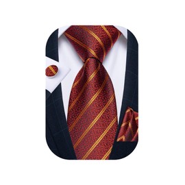 DiBanGu Men's Red Gold Stripe Ties Pocket Square Cufflinks Silk Necktie Business Party