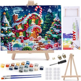 WUDWL Paint by Numbers Kit for Adults Framed Canvas, with Wooden Easel,Paint by Numbers for Kids Ages 8-12, Christmas DIY Acrylic Landscape Oil Painting Arts Crafts, 9.45x11.8inch