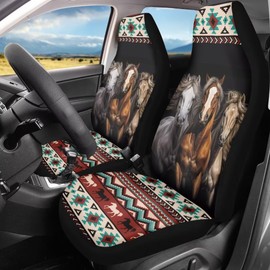 TOADDMOS Three Horses Front Car Seat Covers Set of 2 Aztec Geometry Front Seat Protector for Men Women Full Wrapping Edge Seat Covers Universal Fit for Most Cars
