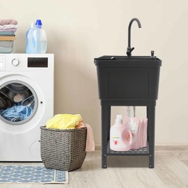 Plastic Laundry & Utility Room Sinks with Faucet, Freestanding Laundry Room Sink, Garage Sink, 19.69 * 18.9 * 33.07in Utility Tub Heavy Duty Compact Utility Sink for Laundry, Bathrooms,Garage (Black)
