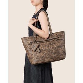 FADEON Quilted Tote Bag for Women Designer Laptop Tote Bag 15.6-Inch Large Laptop Purse Faux Leather Shoulder Handbag Brown