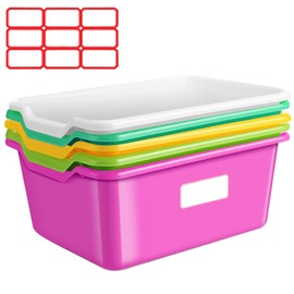 ToiULik 5 Pack Plastic Cubby Bins, Stackable Storage Bins with Adhesive Label Toy Book Organizer Baskets for Classroom, Library, Playroom, Home & Office Organization (five colors)