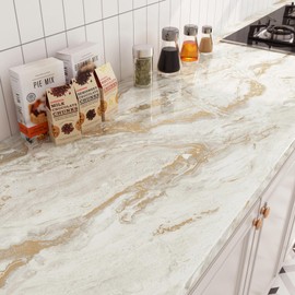 FunStick 36"x200" Gold Beige Marble Contact Paper for Countertops Waterproof Self Adhesive Marble Wallpaper Peel and Stick Countertop Contact Paper for Kitchen Bathroom Removable Cabinet Vinyl Wrap