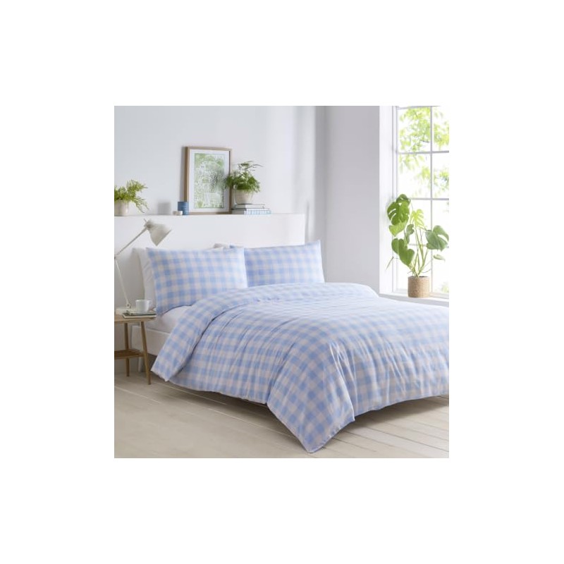 Gingham Duvet Sets Check Bedding Quilt Cover Pillow Cases (Blue,