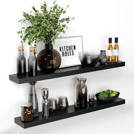 Homeforia Black Floating Shelves for Wall, Premium Solid Wood Shelf, Black Bathroom Shelves, Heavy Duty Bracket, 42 x 6.5 x 1.75 inch, Set of 2