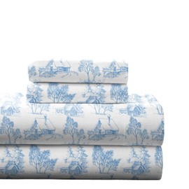 Pointehaven 180 GSM 100% Cotton Flannel Sheet Set - Twin XL, Scenic Toile Blue - Warm & Cozy - Pre-Shrunk -Deep Pockets - Elastic All Around-Comfy Double Brushed