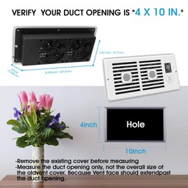 Register Booster Fan Fits 4" x 10" Register Holes, 10-Speed Smart Thermostat AC Vent Fan with Timer Setting and Aroma Function, Air Vents Fans with Remote Control Cooling & Heating for Wall, Floor