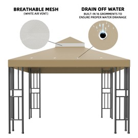 Sumfaller 10x10 FT Gazebo Replacement Canopy Top Cover Double Tiered Canopy Top Cover for Outdoor BBQ Roof Cover Grill Shelter (Brown)