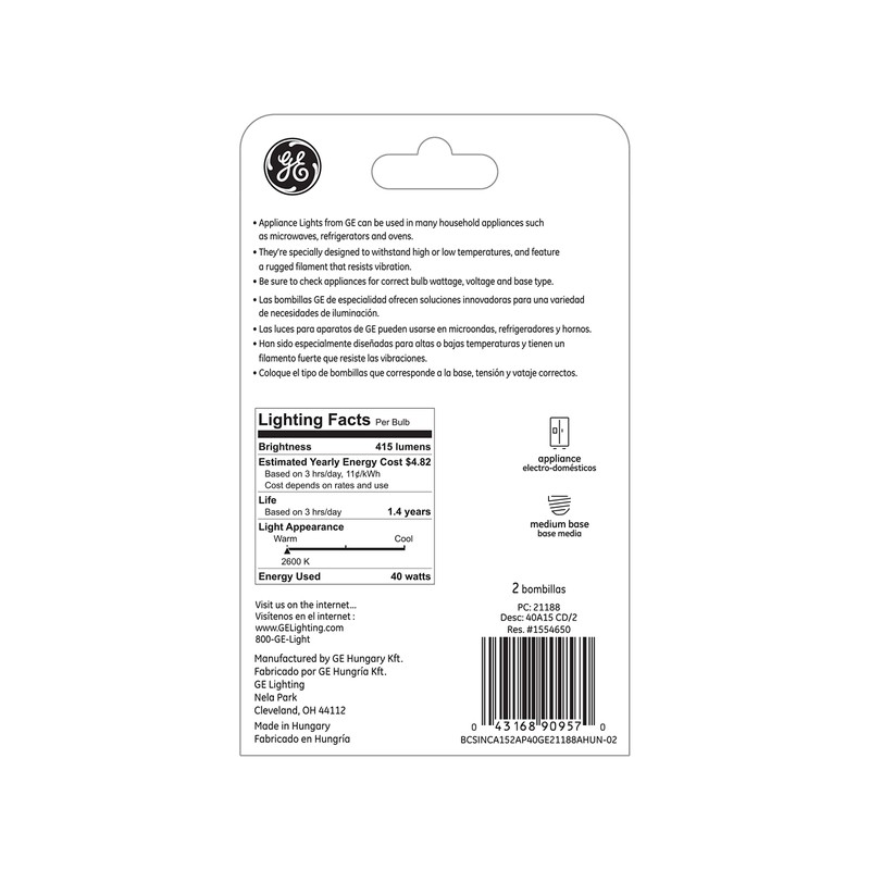 GE Lighting Appliance Incandescent Light Bulbs, A15 Bulb, 40-Watt, 415