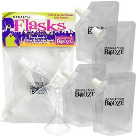 Smuggle Your Booze Plastic Soft Flasks for Cruise - Pack of 4 Concealable Drink Pouches, Pour Spout Funnel | Reusable Leak-Proof Liquor Disguise Bags for Travel, Outdoor Sports, Concerts | 16 oz Total