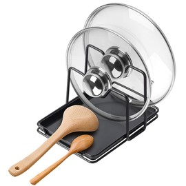 Poeland Pot Lid Holder, 2 Layers Pot Lid Organizer Multifunctional Lid and Spoon Rest Rack with Drip Tray for Pot Lids, Spatulas, Spoons, Cutting Boards