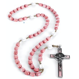 Genuine Made in Italy Rosary Necklace Blessed by Pope Francis Saint Benedict Medal Cross perfect for car mirror Rosarios catolicos para hombre Patron of Students Christian Values (Pink)