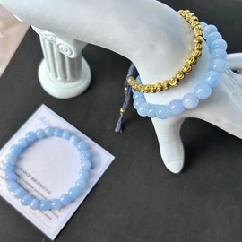 BUNSFYU Tibetan Copper Bead Bracelet - Aquamarine Bracelet - Good Luck Bracelets for Women - Healing Crystal Protection - Buddhist Bracelet (Aquamarine)