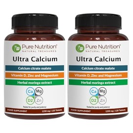 PURE NUTRITION NATURAL TREASURES Pure Nutrition Ultra Calcium 1000mg with VIT D3 + K2 | 240 Tabs (120 X Pack of 2) | Highly absorbable Supplement with Calcium Citrate Malate, VIT D3, K2, Moringa Oleifera, Magnesium and Zinc.