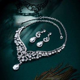 EVER FAITH Women's Jewellery Set Crystal Wedding Flowers Wave Teardrop V-shaped Necklace Earrings Set Clear Silver Tone, Crystal