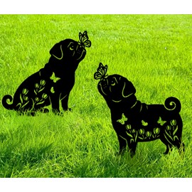 Pug Metal Decorative Garden Stakes for Memorial Yard Art, Lawn Ornaments,Outside, Patio, Outdoor Decor, Garden Decorations 2 PCS