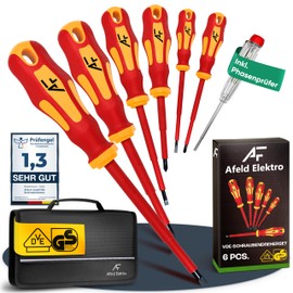 Afeld Elektro VDE Magnetic Screwdriver Set, 6 Pieces, Includes Phase Tester and Tool Bag, Made of Industrial Quality S2 Steel, Insulated up to 1000 V