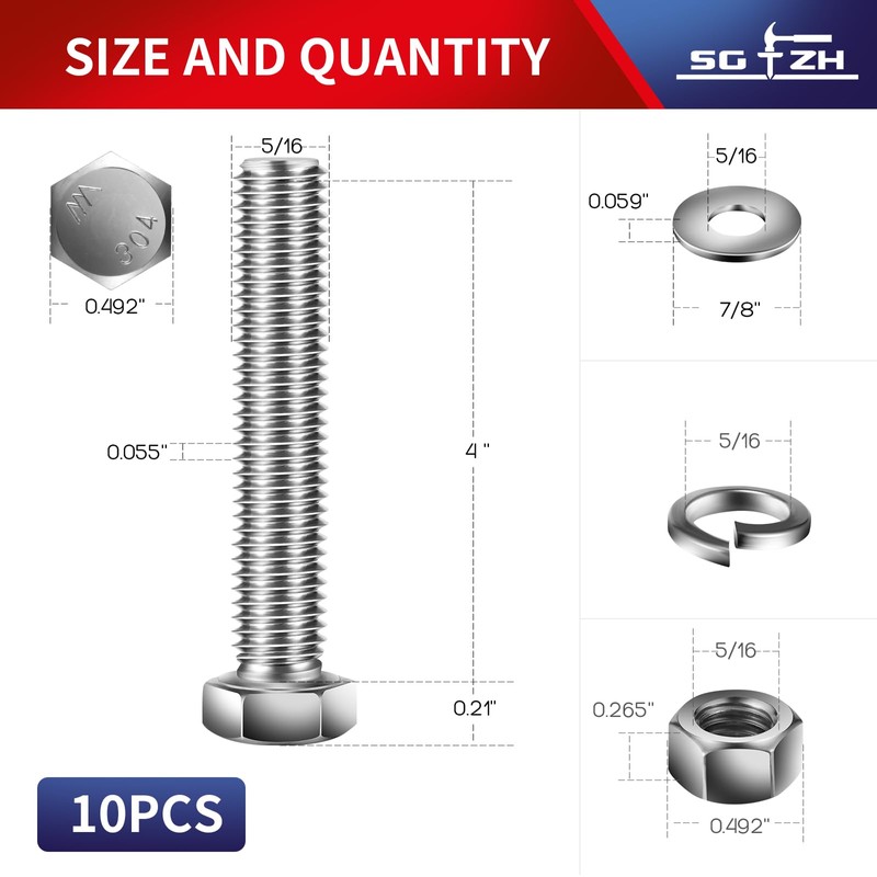 5/16-18 x 4" Hex Head Screw Bolt, Nuts, Flat &