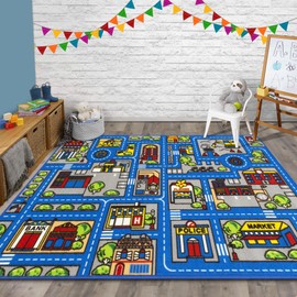 Kids Rugs Town map Road Driving Cars City map-Boys/Girls/Children/Toddler-Play mat for School/Daycare/Nursery Non-Slip Carpet (Gray/Multi)