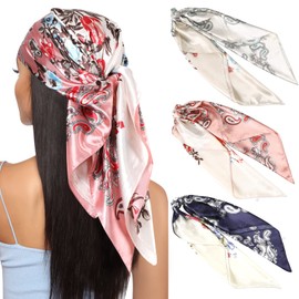 35” Large Square Satin Head Scarf - 3Pcs Satin Hair Scarves Silk Bandana Scarf Beach Headscarf Silk Feeling Scarf for Women Girls (Cashew(beige/Pink/Blue))