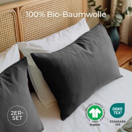 Dreamzie - 100% Organic Cotton - Pillowcase 40 x 60 cm Cotton - Set of 2 - Anthracite - Cushion Cover with Zip - Oeko-Tex