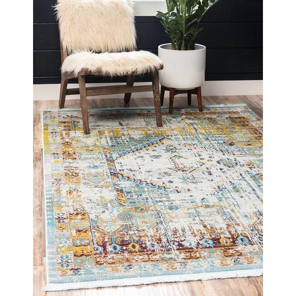 Unique Loom Baracoa Collection Vibrant Tones Distressed Vintage Traditional Area Rug, 5 ft 5 in x 8 ft, Light Blue/Beige