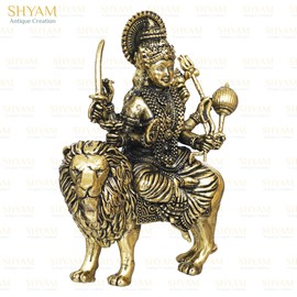 Shyam Antique Creation Brass Large Size Durga Maa Sitting On Lion Murti 6" Goddess Sherawali Maa Idol MATA Rani Statue for Navratri, Durga Puja Devi Ambe Pratima for Home Temple Puja Gifting Purpose