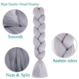 60 cm Braids, Synthetic Hair, Jumbo Braiding Hair Extensions, Synthetic Braiding Crochet Hairpieces, 6 Pieces, 100 g/Bundle (A-Light Grey)