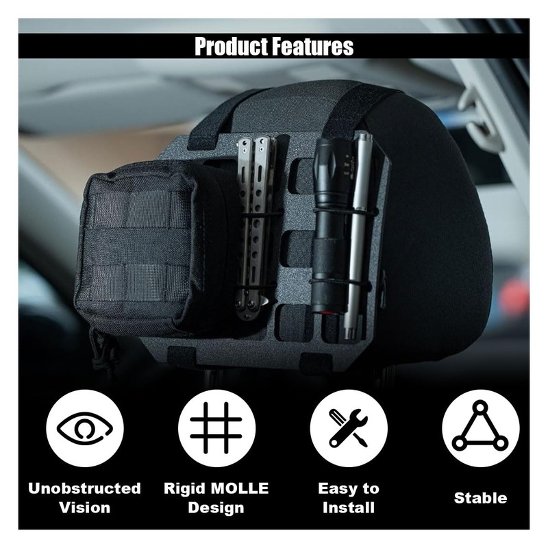 Car Headrest Organizer Rigid MOLLE Panel, Tactical Gear Seat Back
