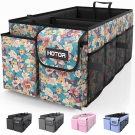 HOTOR Trunk Organizer- Car Organizer, Foldable Trunk organizer for SUVs & Sedans, Sturdy Car Organization for Car Accessories, Tools, Sundries, Blue Flower, 2 Compartments, 21.3"×12.6"×10.6"