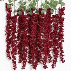 mizii 6Pcs Burgundy Wisteria Hanging Flowers 48" Silk Wisteria Artificial Flowers Garland Vines Fake Hanging Flower Decoration for Wedding Wall Backdrop Centerpieces Party Room Decor (Burgundy Red)