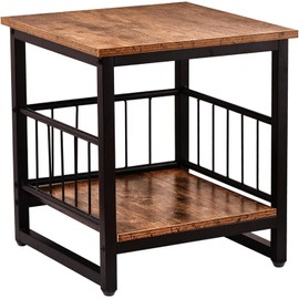 End Table, Industrial Side Table with 2-Tire Storage Shelf, 180LBS Mini Fridge Stand with Adjustable Feet, 18"x18" Wood Night Stand Small Bedside Table with Sturdy Metal Frame for Living Room Bedroom